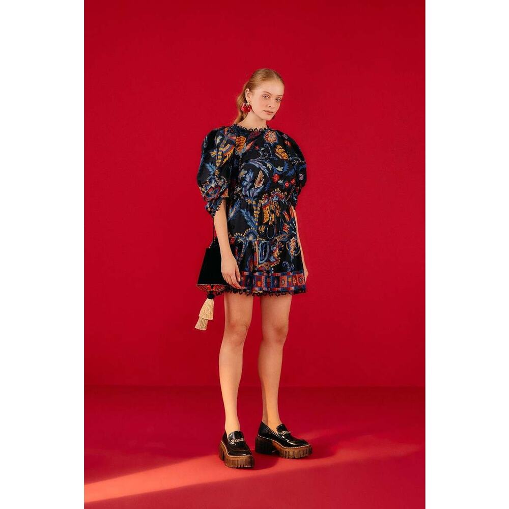 FARM RIO Women Sunset Tapestry Black Puffer Sleeve Mini Dress size M - Picture 3 of 16